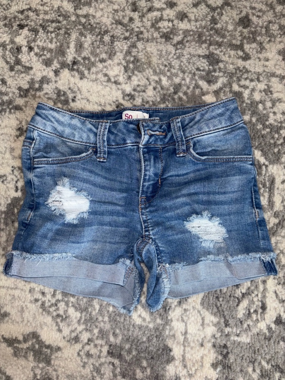 SO Size 7 Distressed Light Blue Rolled-Hem Jean Shorts